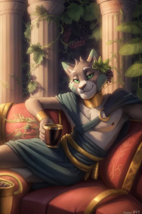 <lora:alexios-09:1>, alexios, green sclera, cat tail, male, (pose:1.3), (posing:1.3), (soft shading), 4k, hi res, five fingers, detailed hands, ((detailed face, (detailed eyes:1.0), detailed)), by zackarry911, by zaush, (by personalami:0.5), looking at viewer, smile, 1boy, holding, jewelry, sitting, flower, male focus, lying, cup, leaf, plant, couch, o-ring, sunset, vines, reclining, pillar, grapes, laurel crown, greek clothes