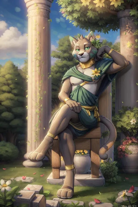 <lora:alexios-09:1>, alexios, green sclera, cat tail, male,  (pose:1.3), (posing:1.3), (soft shading), 4k, hi res, five fingers, detailed hands, ((detailed face, (detailed eyes:1.0), detailed)), by zackarry911, by zaush, (by personalami:0.5), looking at viewer, 1boy, sitting, nipples, full body, flower, male focus, outdoors, green hair, sky, day, tree, petals, leaf, crossed legs, plant, muscular male, bara, yellow flower, pillar, greek clothes
