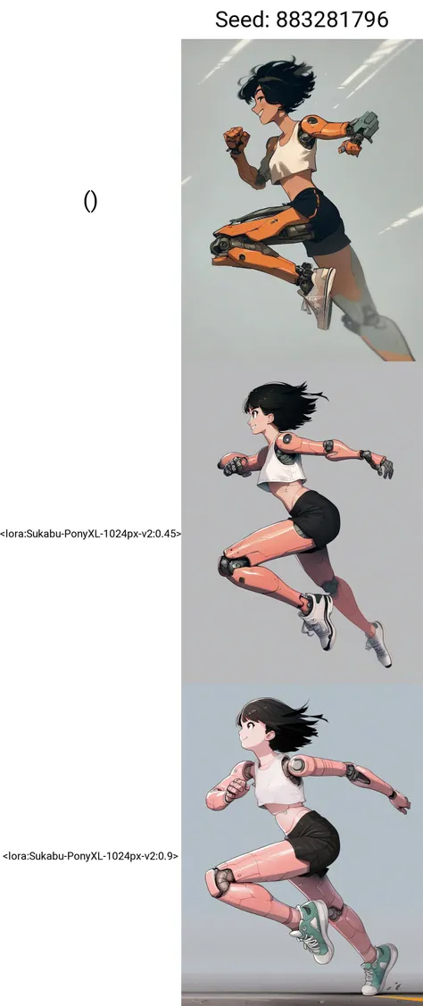 ()
score_5_up, score_6_up, score_7_up,
1girl, solo, smile, running, wearing (crop top, black shorts, sneakers), android, mechanical legs, mechanical arms, robot joints, short black hair,