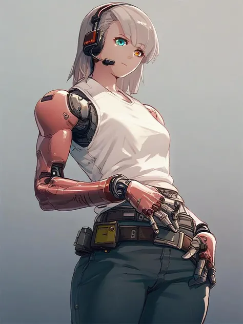 <lora:Sukabu-PonyXL-1024px:0.9>
score_5_up, score_6_up, score_7_up, score_8_up,
1girl, solo, muscular, wearing (sleeveless shirt, pants, belt), android, mechanical arms, headset, heterochromia, science_fiction