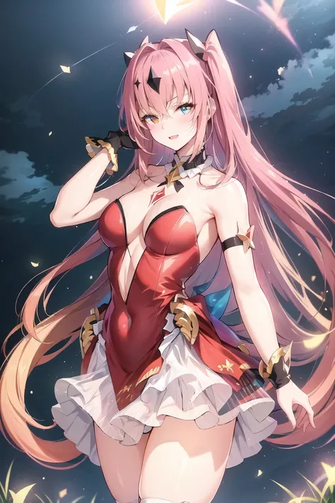 Art station original character, (realistic:1.5), (masterpiece, best quality, highres:1.2), (ultra_detailed, 4k, UHD:1.2), (pixiv:1.1), perfect body, shaftheadtilt,
epic seven, cowboy shot, ((official alternate costume)), (red dress, white skirt:1.2), facial mark, uneven legwear, asymmetrical legwear,
mksks style, beautiful background, detailed background, professional lightning, night, pond, forest, fireflies, moon, grass,