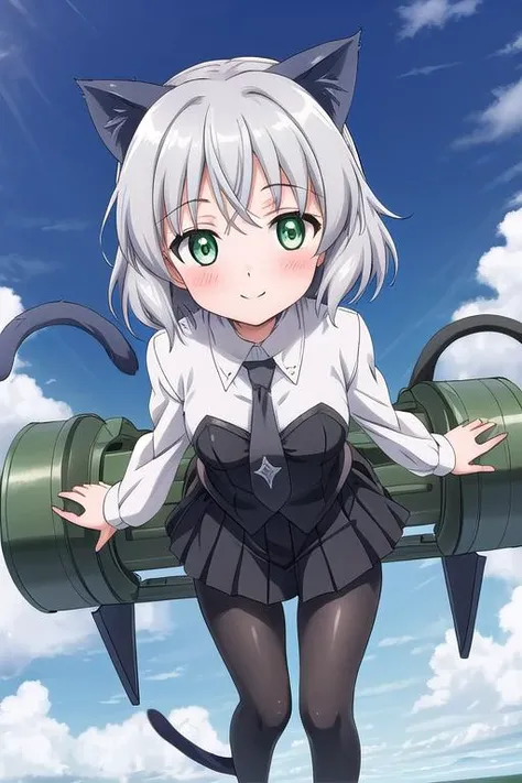 ,masterpiece,ultradetail, <lora:anmnr01:0.3> <lora:add_detail:0.5>,<lora:GoodHands-vanilla:0.8>,1girl,from above,,portrait,blush,aasanya,short hair,green eyes,uniform,shirt,bustier,long sleeves,necktie,black pantyhose <lora:Sanya_v_Litvyak:0.6>,sky,flying,floating air,leaning forward,tail,cat ear,open arms,dutch angle,smile,(open stance,carrying rocket launcher on shoulder.magic circle)