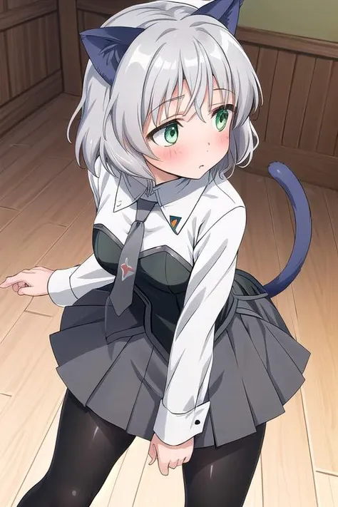 ,masterpiece,ultradetail, <lora:anmnr01:0.3> <lora:add_detail:0.5>,<lora:GoodHands-vanilla:0.8>,1girl, blush,aasanya,short hair,green eyes,uniform,shirt,bustier,long sleeves,necktie,miniskirt,black pantyhose, <lora:Sanya_v_Litvyak:0.7>,back view,from backbelow,airforce hanger,leaning forward,tail,cat ear,open stance