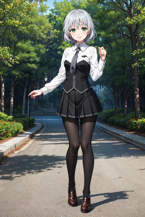 masterpiece,best quality,highres,ultra-detailed,aasanya,short hair,green eyes,uniform,shirt,bustier,long sleeves,necktie,miniskirt,black pantyhose,shoes,<lora:Sanya_v_Litvyak:0.6>,outdoors,standing,smile,