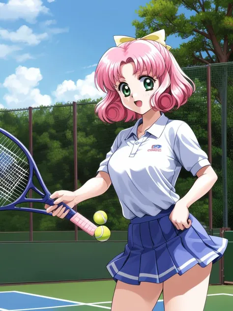 <lora:Minagawa_Nana:0.8>, MinagawaNana, 1girl, soro, pink hair, green eyes, hair bow, short hair, curly hair, outdoor, sky, school,
racket, tennis racket, multiple boys, ball, tennis uniform, sportswear, skirt, 1girl, tennis ball, day, fence, outdoors,
masterpiece, high quality, very_high_resolution, large_filesize, full color,