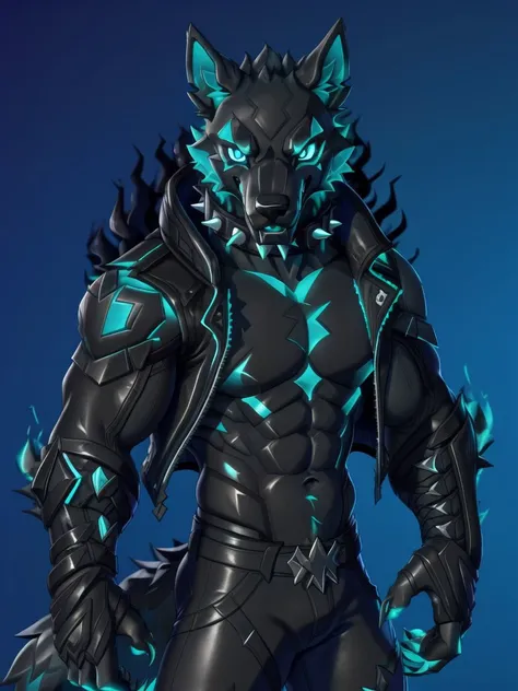 (hi res, high quality), solo, anthro, (cerberus-fortnite), wolf eras, wolf tail, (black body:1.55), blue eyes, looking at viewer, spiked collar, black collar, abs, leather jacket, open jacket, navel, claws, simple background, <lora:Cerberus_Fortnite:0.8>