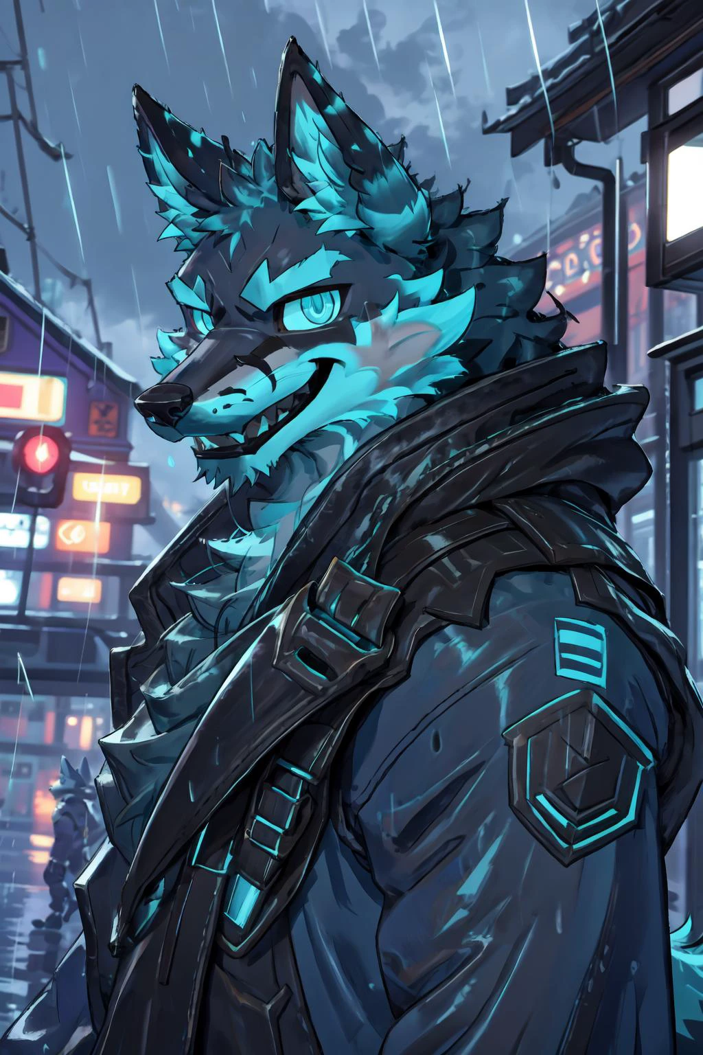 <lora:Cerberus_Fortnite:0.8> cerberus-fortnite,masterpiece, best quality, perfect anatomy, bright eyes, watery eyes, kemono, furry, (fox:1.4), (felis:0.25), male, solo, baggy clothing, (open smile:1.1), gentle, looking at viewer, train station, rain, waterdrop:0.9), grey sky, raining, (fog:0.4), detailed eyes