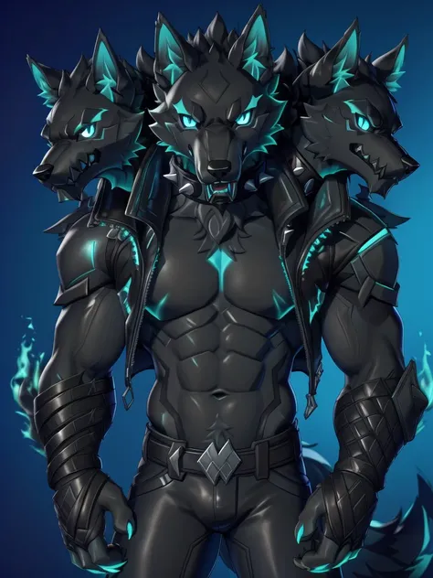 (hi res, high quality), furry, kemono, anthro, (cerberus-fortnite), wolf eras, wolf tail, multi head, (3 heads:1.4), (black fur:1.55), (black body:1.55), blue eyes, (blue sclera), looking at viewer, spiked collar, black collar, abs, leather jacket, open jacket, navel, claws, standing, simple background, <lora:Cerberus_Fortnite:0.8>