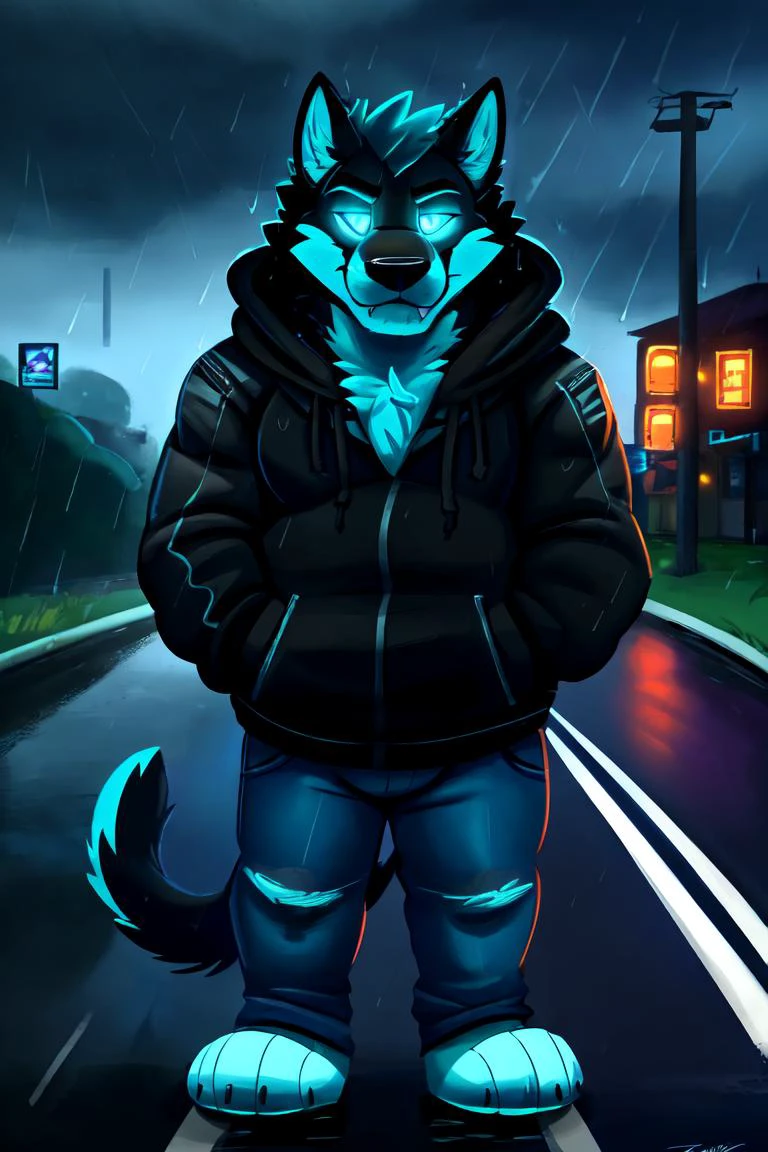 Uploaded by E621, (2D:1.3), ultra-high detailed, absurd res, RAW photo, (by tcw, by canson, by theawesomefoxguy), by oreocakes, by teaselbone, (sharp focus:1), (chubby), young, wet, (fluffy black fur), (hands in pockets:1.4), hands in pockets, (standing outside in the rain on a road:1.4), (stop sign in background), (rainy weather), rain, rain clouds, rainy, (rain clouds), stormy weather, beautiful rainy weather,(beautiful cel shading, glowing eyes, (perfect masterpiece 4k 8k), (HD), detailed background, cinematic, detailed eyes, detailed irises, male focus,(cute young face:1.4), (wearing full body black hoodie jacket and blue jeans:1.5), (glowing eyes:1.4), male focus, (detailed eyes), (detailed irises), (solo:1.3), ((perfect anatomy:1)), (looking at viewer), view to viewer, (front view:1.4), <lora:Cerberus_Fortnite_Test_3:1.2> Cerberus (Fortnite)