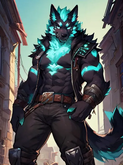 (high quality, highres, masterpiece), solo, by milkytiger1145:0.9, by garnetto:0.5, ruins, (Cerberus (Fortnite)):1.4, black pants, jacket, belt, claws, fur, glowing, glowing body, hair, standing, smug, looking at viewer, detailed background, muscular, <lora:Cerberus_Fortnite_Test_3:0.8>