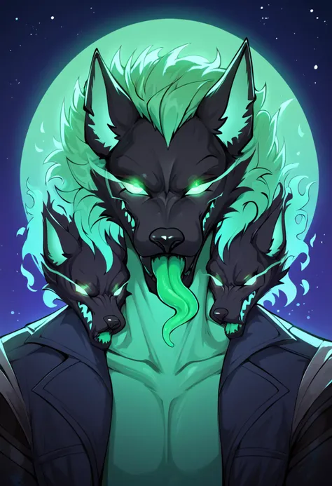 portrait of cerberus (fortnite), rating_safe, <lora:Cerberus_Fortnite_Pony:0.9>, 
Green body, Green Eyes,Glowing Eyes, male, (multi head), tongue out, green tongue
purple tshirt,glowing frame, backlight colors, silhouette colors, cosmic frame, silhouette, backlighting, vibrant, magical night sky, illustration, soft, beautiful,, score_9, score_8_up, score_7_up, score_6_up, score_5_up, score_4_up