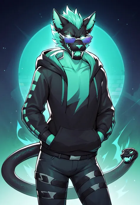 cerberus (fortnite), rating_safe, <lora:Cerberus_Fortnite_Pony:0.8>, 
Green body, Green Eyes,Glowing Eyes,Fangs,Claws,tail,snake tail,
(black hoodie),black pant,low light, dramatic lighting, darkness, spotlight, neon, glow, rainbow syntwave, vaporwave, scanlines, dark background,iconic sunglasses, cool,, score_9, score_8_up, score_7_up, score_6_up, score_5_up, score_4_up