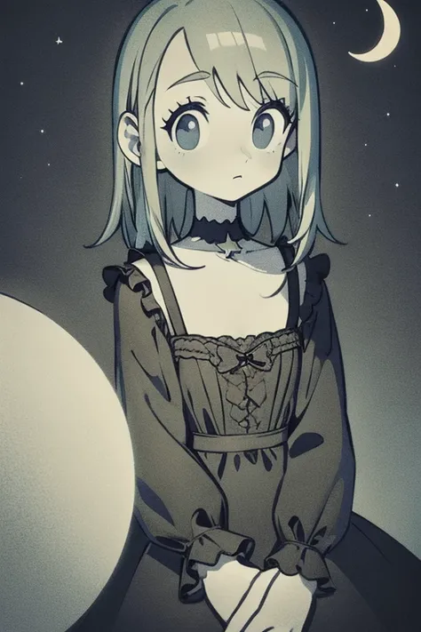 masterpiece, best quality, illustration, 1girl, upper body, Gothic dress, cute face, lonely, night sky with stars and moon