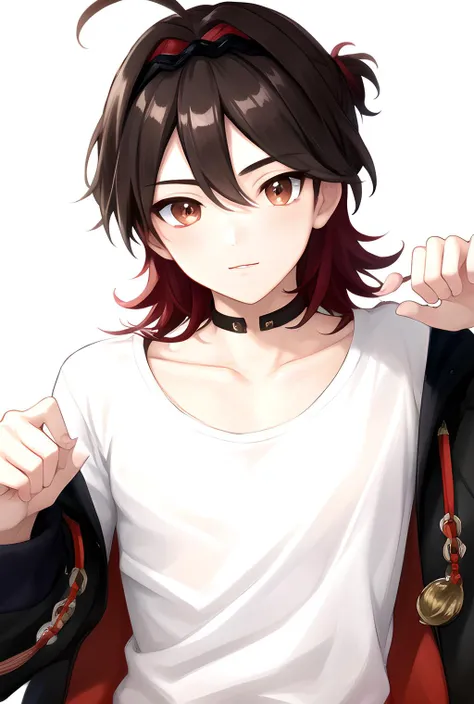 masterpiece, best quality, highres, high quality, 1boy, solo, male focus, looking at viewer, upper body,  hair, realistic, <lora:gaming-genshin-07:0.76>, ((white shirt)), free pose