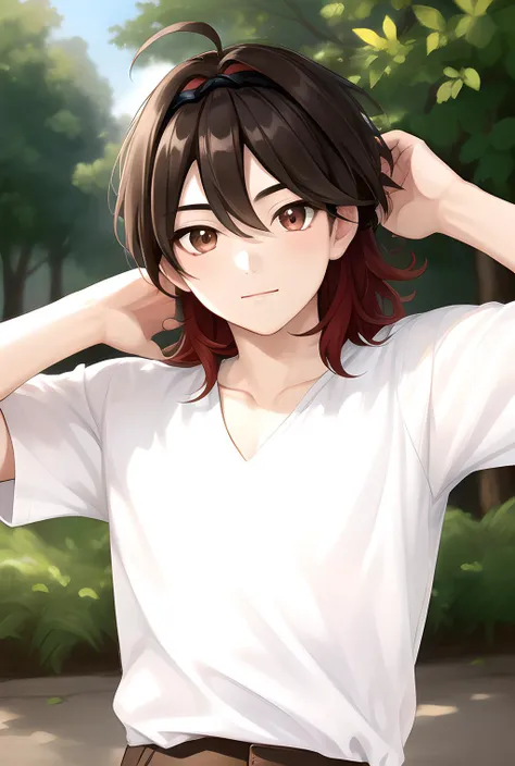 masterpiece, best quality, highres, high quality, 1boy, solo, male focus, looking at viewer, upper body, hair, realistic, <lora:gaming-genshin-07:0.76>, ((white shirt)), free pose