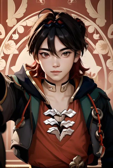 masterpiece, best quality, highres, high quality, 1boy, solo, male focus, looking at viewer, upper body, hair, realistic, <lora:gaming-genshin-07:1>, default outfit, free pose