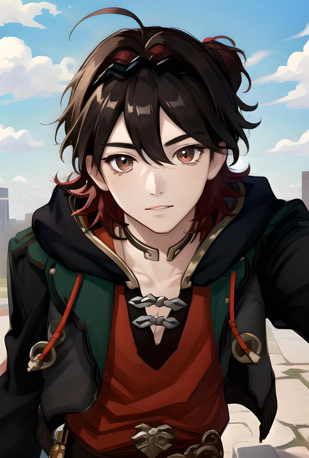 masterpiece, best quality, highres, high quality, 1boy, solo, male focus, looking at viewer, upper body, hair, realistic, <lora:gaming-genshin-07:1>, default outfit, free pose