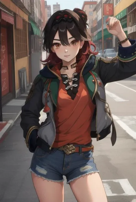 masterpiece, best quality, highres, high quality, 1girl, solo, male focus, looking at viewer, whole body, hair, realistic, <lora:gaming-genshin-07:1>, default outfit, free pose, medium breasts, red shirt, denim shorts, pussy