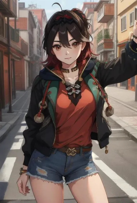 masterpiece, best quality, highres, high quality, 1girl, solo, male focus, looking at viewer, whole body,  hair, realistic, <lora:gaming-genshin-07:1>, default outfit, free pose, large breasts, red shirt, denim shorts, pussy