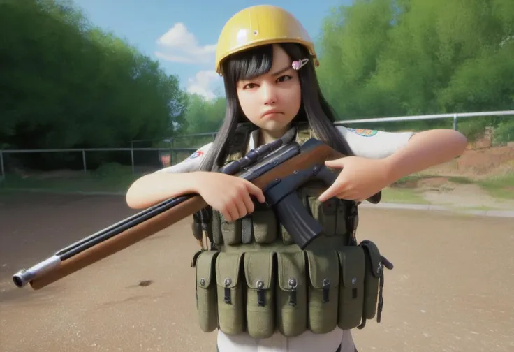zPDXL, zPDXLxxx, score_9, score_8_up, score_7_up, score_6_up, score_5_up, score_4_up, BREAK <lora:Riko-chan_for_PonyXL:0.8>, riko-chan, 1girl, solo, realistic, , tactical vest, combat helmet, hair ornament, outdoors, hairclip, uncensored, bright, glare, holding rifle