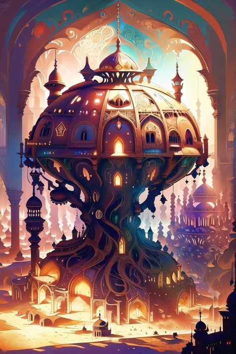 An award-winning digital image of a 1001ArabianNights giant mushroom, colorful, medieval, city, (masterwork:1.2), (dynamic lighting:1.1), intricate details, hd, 8k<lora:morph_1001ArabianNightsV3:0.996>