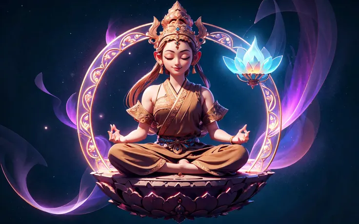 solo, full body, looking down, detailed background, detailed face, (<lora:1001ArabianNightsV3:0.6>, 1001ArabianNights theme:1.1), japanese monk, sleeveless monk robes, candles, (eyes closed:1.2), symmetrical, (legs crossed, lotus position:1.1), (levitating, meditating:1.3), serene smile, mantra, radiating inner peace, , harmonious existence, , yin-yang symbol, (hovering in the air, up in the air, mid-air:1.2), emanating ethereal energy, bioluminescence, cosmic void in background, wind blowing, ethereal atmosphere, , (high quality, very realistic, photorealistic:1.4),