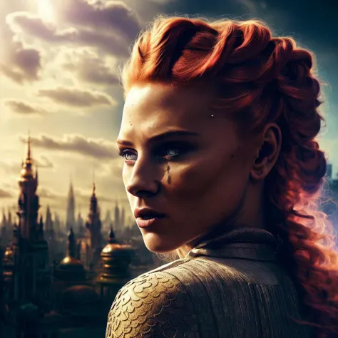 beautiful woman go through fantasy city, <lora:stylepunk_1001ArabianNights:0.4>, <lora:stylepunk_OldEgyptAI:0.4>, <lora:person_Scarlett-v20:1>, full growth photo, looking at the camera, red hair braided, full body 8k unity render, photorealistic digital art trending on Artstation 8k HD high definition detailed realistic, 26 years old, slim, petite, thin, fairytale, (fairytale fantasy city on the background), colored fantasy, ((clean cheeks)), (clean face), action shot, detailed skin, skin pores, hdr, cinema shot, heavy shadows, detailed, detailed face, (vibrant, photo realistic, realistic, dramatic, dark, sharp focus, 8k)