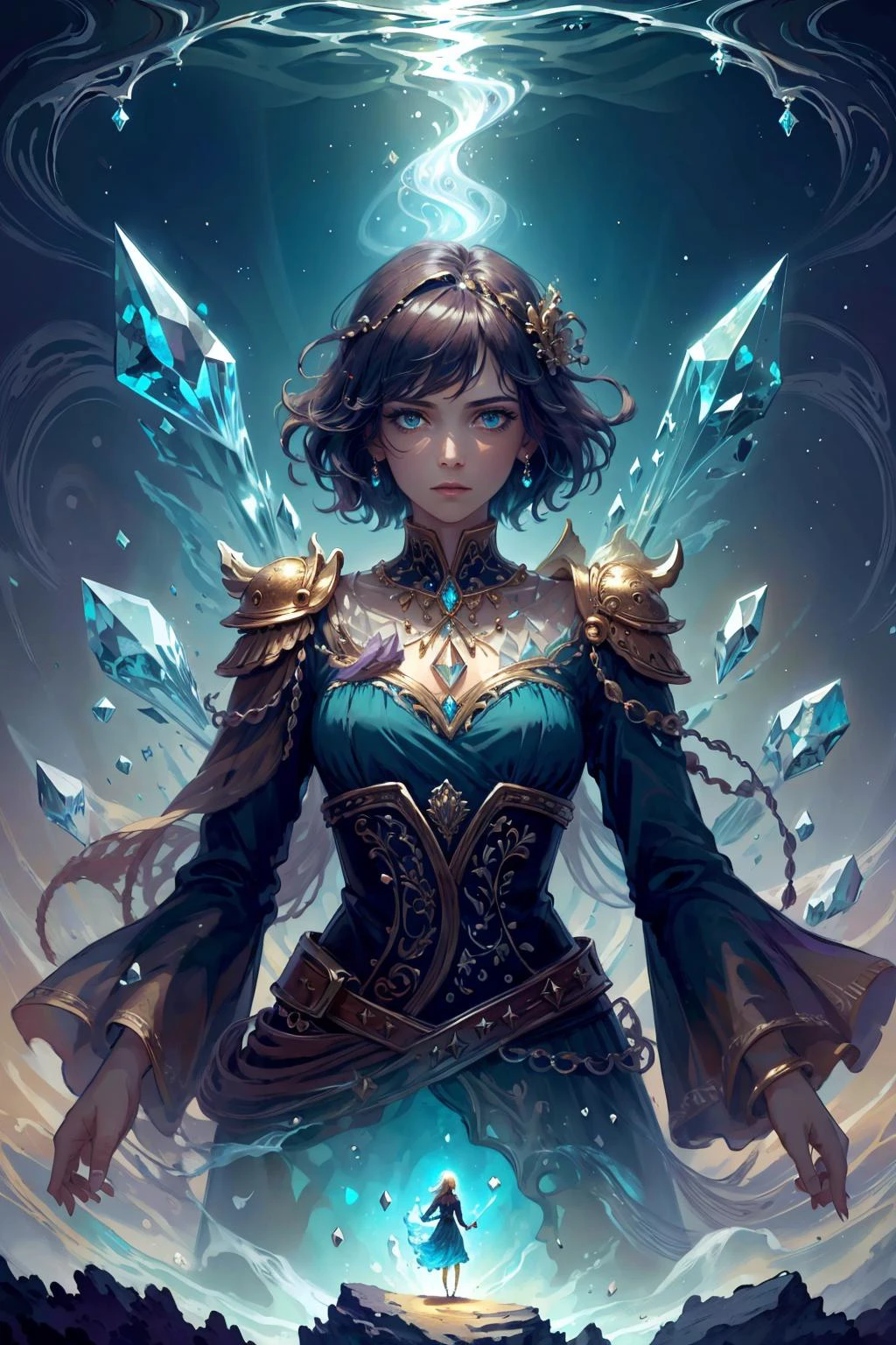 (masterpiece, best quality), aesthetic illustration,
1 girl, adult woman, turquoise eyes, silver wedge cut hair,
(style-swirlmagic:1.0), looking at viewer, solo, half shot, detailed background, close up, detailed face, (<lora:1001ArabianNightsV3:0.6>, 1001ArabianNights theme:1.1), crystal sorcerer, levitating, dynamic pose, earth themed clothes, rocks floating in the air, glowing magical shards, surrounded by purple magical minerals, stalactites, magical floating particles, crystal dust, crystal canyon background, (shallow water:0.7), epic ethereal atmosphere, updraft,
<lora:grullborgCopycat_grullborgStyleR8V4:0.3>,