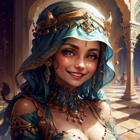 <lora:1001ArabianNightsV3:.9> 1001ArabianNights smiling woman