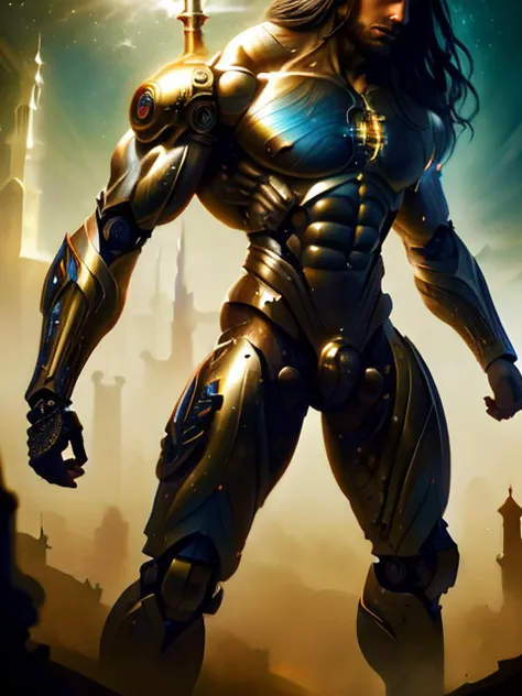 (1001ArabianNights:1.25), (scifi:1.25), (one male).
Very detailed masculine face, heroic, detailed realistic open eyes, (muscular:1.5), narrow waist, (long hair), (slight smile).
detailed, intricate. Cyborg. (shirtless) (topless male), boots.
Realistic, photoreal, High contrast, high saturation, highly detailed, high quality, masterpiece, volumetric light, vibrant colors, bokeh, depth of field.
<lora:BeautifulEyes:0.9>
<lora:1001ArabianNightsV3:0.9>