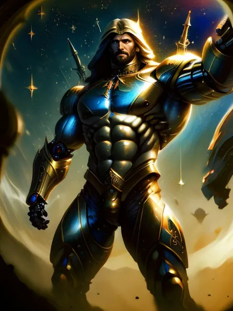 (1001ArabianNights:1.25), (scifi:1.25), (one male).
Very detailed masculine face, heroic, detailed realistic open eyes, (muscular:1.5), narrow waist, (long hair), (slight smile).
detailed, intricate. (Robotic arms and legs), (human torso and head), (shirtless) (topless male) (exposed chest), boots, bracers, shoulder guards.
Realistic, photoreal, High contrast, high saturation, highly detailed, high quality, masterpiece, volumetric light, vibrant colors, bokeh, depth of field.
<lora:BeautifulEyes:0.9>
<lora:1001ArabianNightsV3:0.9>