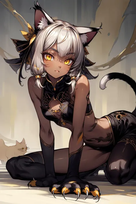 girl girl masterpiece,best quality,ultra detailed,detailed eyes,
1girl|blackcat,perfect pretty face,dark skin,slim body,cat ear,cat eyes,yellow eyes,(cat claws:1.5),ojou-sama pose,detailed background,crawling,
dramatic angle,<lora:_Detail Tweaker:0.8>,(1001ArabianNights<lora:1001ArabianNightsV3:0.6>),