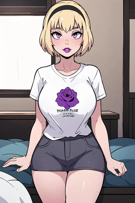 best quality, afterglow, 4k, ((masterpiece)), extremely detailed, 8k, trending on ArtStation, Intricate, High Detail, Sharp focus, <lora:Exposure_control:-0.4>, rose lalonde, 1girl, (blonde hair), (black hairband), purple eyes, MindwipeRoLal <lora:MindWipeRoLal:0.5>, (beautiful face), (black lips+lipstick+parted lips), ((t-shirt)), ((white shirt)), thick thighs, large breasts