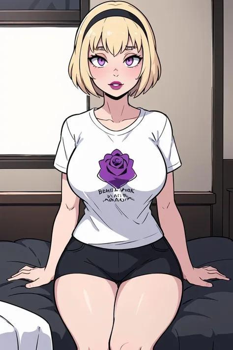 best quality, afterglow, 4k, ((masterpiece)), extremely detailed, 8k, trending on ArtStation, Intricate, High Detail, Sharp focus, <lora:Exposure_control:-0.1>, rose lalonde, 1girl, (blonde hair), (black hairband), purple eyes, MindwipeRoLal <lora:MindWipeRoLal:0.5>, (beautiful face), (black lips+lipstick+parted lips), ((t-shirt)), ((white shirt)), thick thighs, large breasts