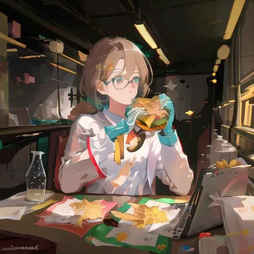 (lab bat:1.4), light brown hair, round glasses, tecnologic particles,scientist, male, ,short hair, well built, pastel, <lora:hugeTwoHandedBurger_v2:1>,eating, holding a hamburguer, hamburguer