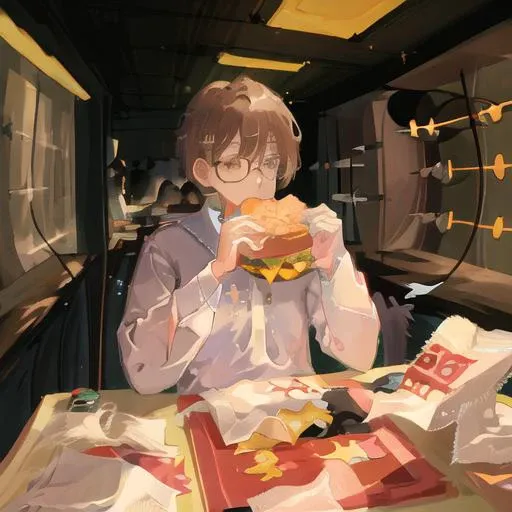 (lab bat:1.4), light brown hair, round glasses, tecnologic particles,scientist, male, ,short hair, well built, pastel, <lora:hugeTwoHandedBurger_v2:1>,eating, holding a hamburguer, hamburguer