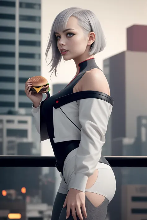 masterpiece, (photorealistic:1.4), best quality, beautiful lighting, (ulzzang-6500:0.5),
lucy \(cyberpunk\), 1girl, against railing, arm rest, bangs, bare shoulders, belt, black belt, black leotard, black pants, blurry, bob cut, breasts, building, cityscape, clothing cutout, cropped jacket, cyberpunk, depth of field, from side, gradient eyes, grey eyes, grey hair, jacket, leotard, lips, long sleeves, looking afar, looking ahead, mechanical parts, medium breasts, multicolored eyes, multicolored hair, night, night sky, off shoulder, open clothes, open jacket, outdoors, pants, parted lips, railing, red eyeliner, science fiction, short hair with long locks, short shorts, shorts, sidelocks, sky, solo, standing, teeth, thigh cutout, upper teeth only, white jacket, white shorts, cyberpunk \(series\), cyberpunk edgerunners, borgar, two-handed burger, holding a huge burger with both hands, eating <lora:lucy-000035:0.7>
RAW photo, 8k uhd, film grain
<lora:hugeTwoHandedBurger_v2:0.7>