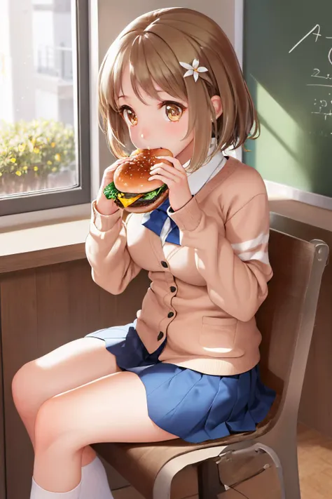 Best Quality, Extremely detailed, (figure, Official Art: 1.1), ((((1 girl)))), ((Brown ponytail))), Brown Hair, Cute face, Big Eyes, masterpiece, Best Quality, (Very delicate and beautiful girl)))), wonderful, Beautiful detailed eyes, Short bangs (((Small delicate girl)))), Tears (True beauty: 1.2), e, masterpiece, Best Quality, Ultra-detailed, Realistic, Alone, Straight hair, high ponytail,  Big Eyes, , smile, (Dynamic Angle:1.3), Coffee shop, Eating a hamburger, ((Light on the face)), Face decorated with flying, かわいいCoffee shop, Detailed Background, Wearing a blue hoodie, mini skirt, anime, Round eyes, Long eyelashes, Shining Eyes, game world, anime, 8k, RAW Photos, Best Quality, masterpiece, anime, Professional photos, (anime, Realistic:1.37), (Highly detailed skin:1.2), High resolution, Beautiful detailed eyes, (Hard Focus:1.4), (Sharp focus:1.4),
