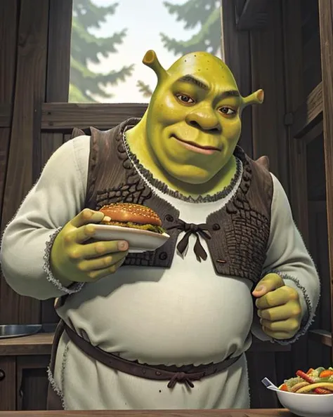 portrait picture of (shrex:1.1) <lora:ShrekDoguVersion2:0.9> , fatass, 8k uhd, dslr, high quality, film grain, Fujifilm XT3, shrek eating a hamburger, <lora:HamburgeranimeV1:0.6>, two-handed burger