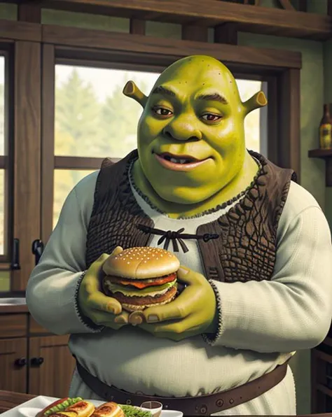 portrait picture of (shrex:1.1) <lora:ShrekDoguVersion2:0.9> , fatass, 8k uhd, dslr, high quality, film grain, Fujifilm XT3, shrek eating a hamburger,  <lora:HamburgeranimeV1:0.6>, two-handed burger