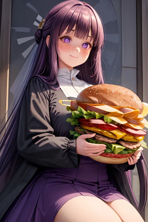 ((masterpiece)), ((best quality)), ((prefect composition)), ((prefect anatomy)), prefect cooperation, high-res, complex detailed, illustration, prefect lighting, 1girl, solo, minigirl, (((focus burger, two-handed_burger:5.3, holding the sole huge burger with both hands, absurdres, eating the huge burger as wide as full screen, closed up))), purple eyes, straight hair, sidelocks, half updo, black coat, medical nun dress, long hair, purple hair, long blunt bangs, no hair ornament, full-face blush, heart-shaped pupils, enchanting expressionless, (detailed face description), (detailed eyes description), octane rendering, huge file size, colorful contrast, weird happy smile, dress.
<lora:Frieren_Fern_SSA_V1:0.7> <lora:borger-nvwls-ver-2:0.35> <lora:add_detail:0.35> <lora:more_details:0.35> <lyco:torogao_v4-000010:1>