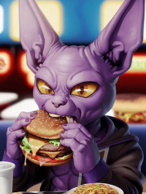 cgi,realism, Beerus, eating, two-handed burger, holding a huge burger with both hands, close up, restaurant background, bite, fast food, face detail, cute, hoodie,
<lora:BeerusFRL22nO:0.8> <lora:borger-nvwls-v4:0.8>
