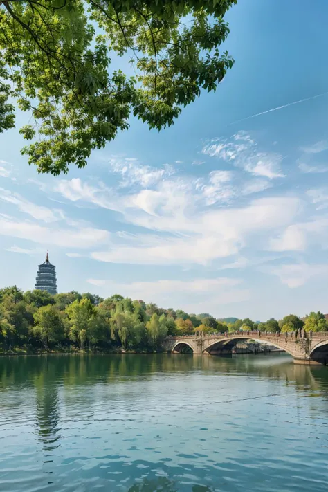 outdoors,no humans,<lora:Hangzhou West Lake_v1:0.7>, ruanyi045,horizon,tower,bridge,, (masterpiece:1.2), best quality, highres,extremely detailed CG,perfect lighting,8k wallpaper,photograph, photorealistic,