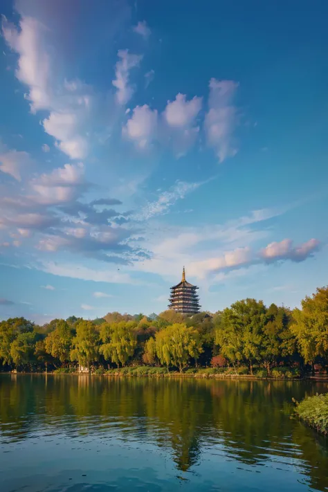 outdoors,no humans,<lora:Hangzhou West Lake_v1:0.7>,ruanyi045,horizon,tower,bridge,lotus,, (masterpiece:1.2), best quality, highres,extremely detailed CG,perfect lighting,8k wallpaper,photograph, photorealistic,