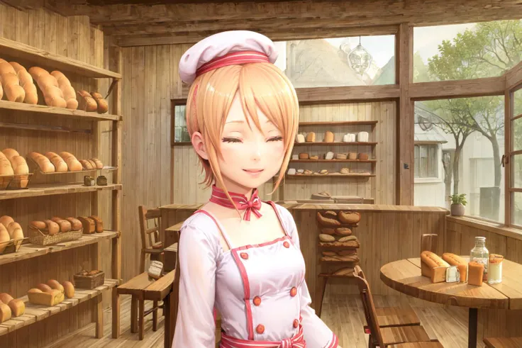 indoors, window, bread, bakery, mini hat, chef hat, 1girl, blonde hair, solo, closed eyes, smile, shop, short hair, table, bottle, ^_^, tree, counter, arms at sides, <lora:ConceptionPlus2:0.6>