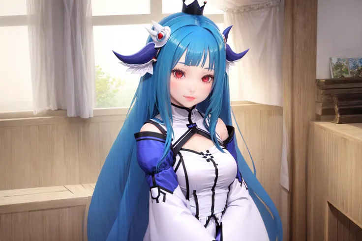white skin, 1girl, solo, red eyes, blue hair, long hair, bare shoulders, crown, indoors, hair flaps, arms at sides, lips smile, large breasts, <lora:ConceptionPlus2:0.6>