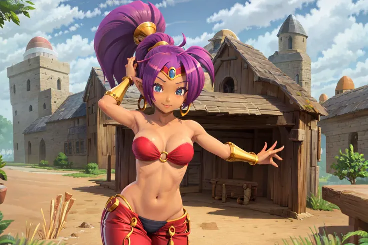 shantae \(og\), 1girl, solo, smile, purple hair, upper body, dark-skinned female, navel, cleavage, pointy ears, blue eyes, red bandeau, hoop earrings, high ponytail, tiara, gigantic breasts, o-ring top, forehead jewel, midriff, bracer, desert, arms at sides, sleeveless, red pants, <lora:Shantae:0.6>, <lora:ConceptionPlus2:0.6>