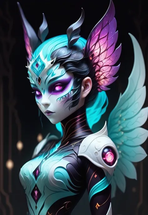 fae automaton, 1girl, woman, full body, wings, sparkling bright color:lightcyan and shimmering color:darkmagenta color scheme<lora:EnvyStarlightFaeAutomaton01:1>