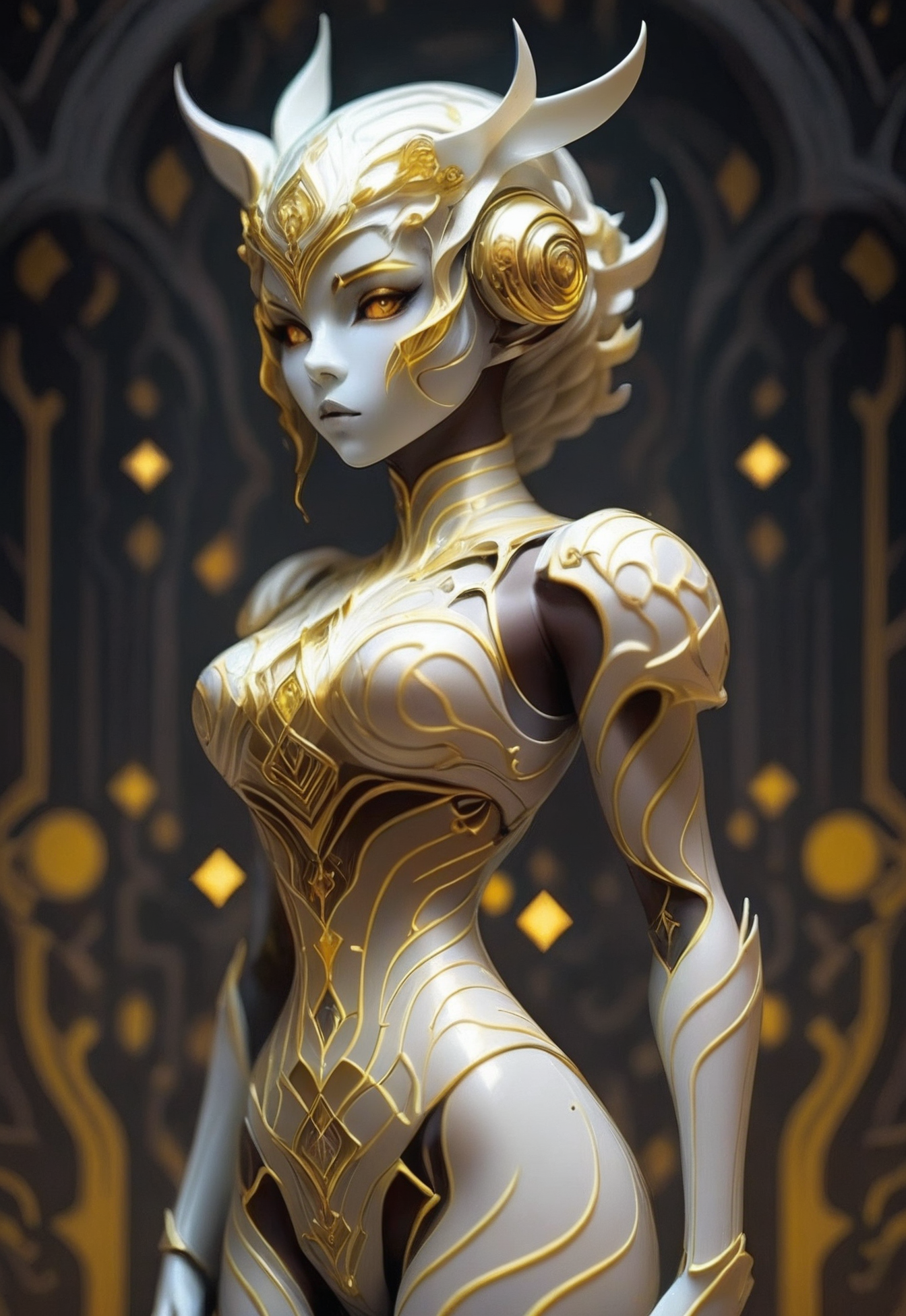A close up of a woman in a gold and white costume - SeaArt AI