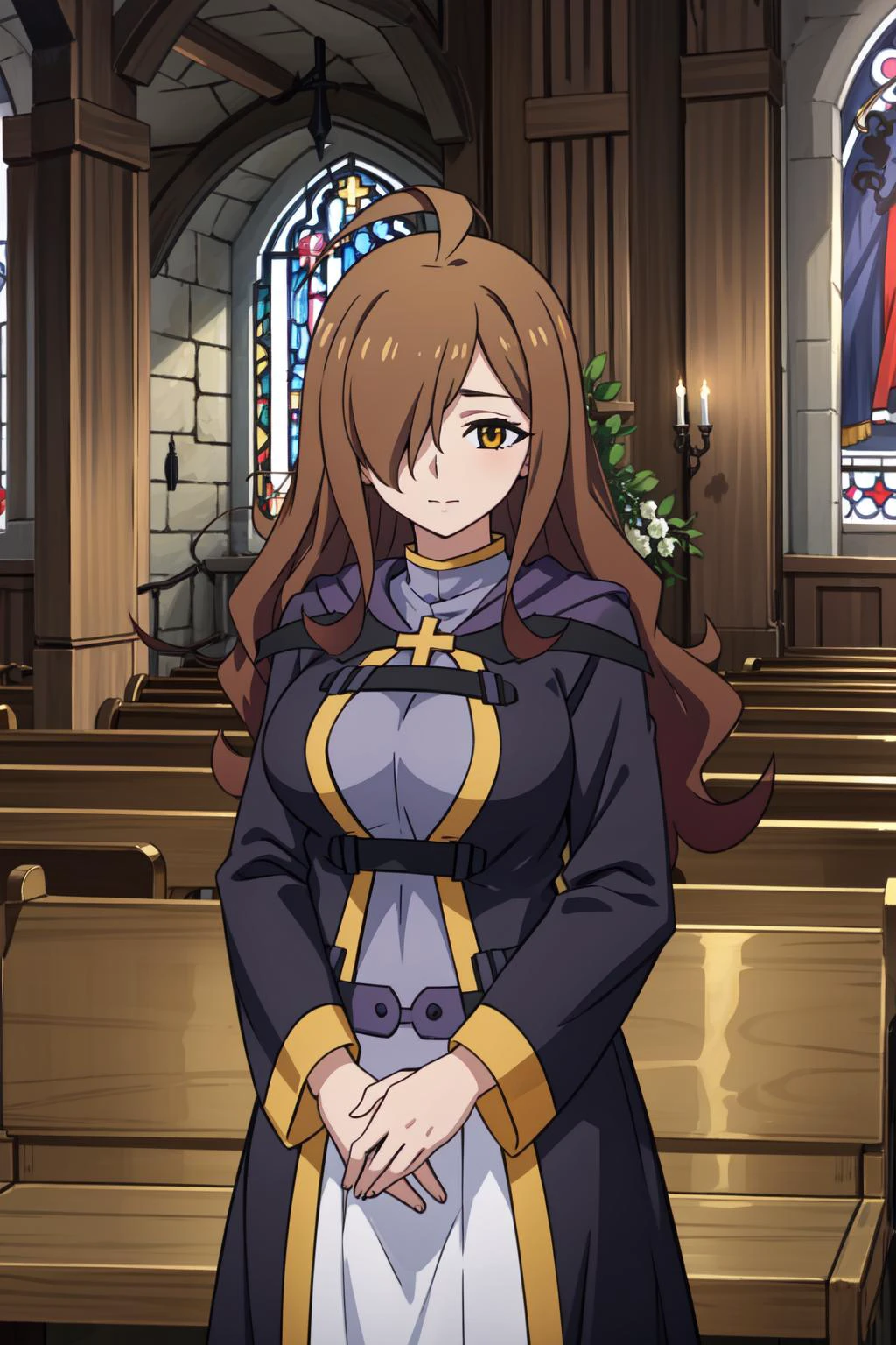 (masterpiece, best quality), intricate details,
1girl, <lora:wiz_(konosuba)_v1:0.8> aawiz, long hair, ahoge, hair over one eye, large breasts, robe, long sleeves
indoors, church, pews, praying,